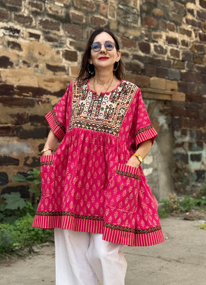 Reserved for Shanthini - Festive Pink Artisan Tunic with Mirror Embroidery