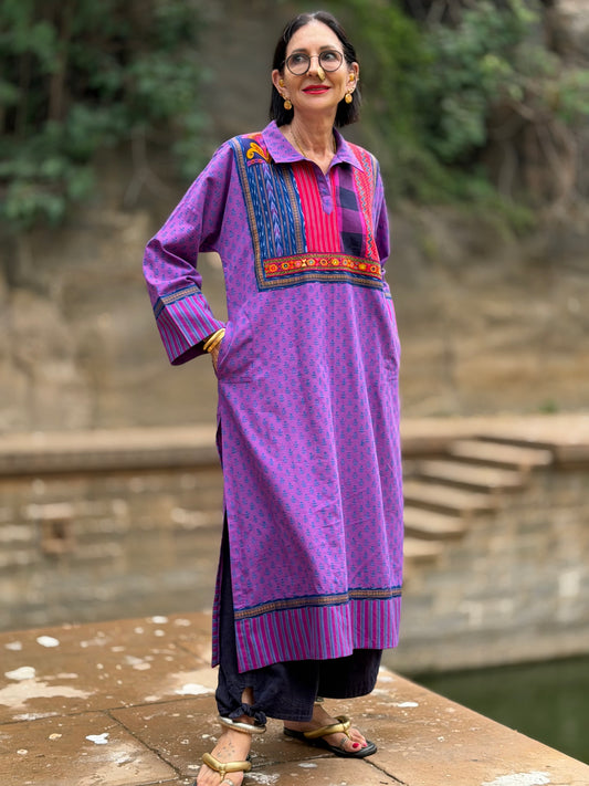 Vibrant Block-Print Patchwork Kurta with Kutch Embroidery & Mirrors