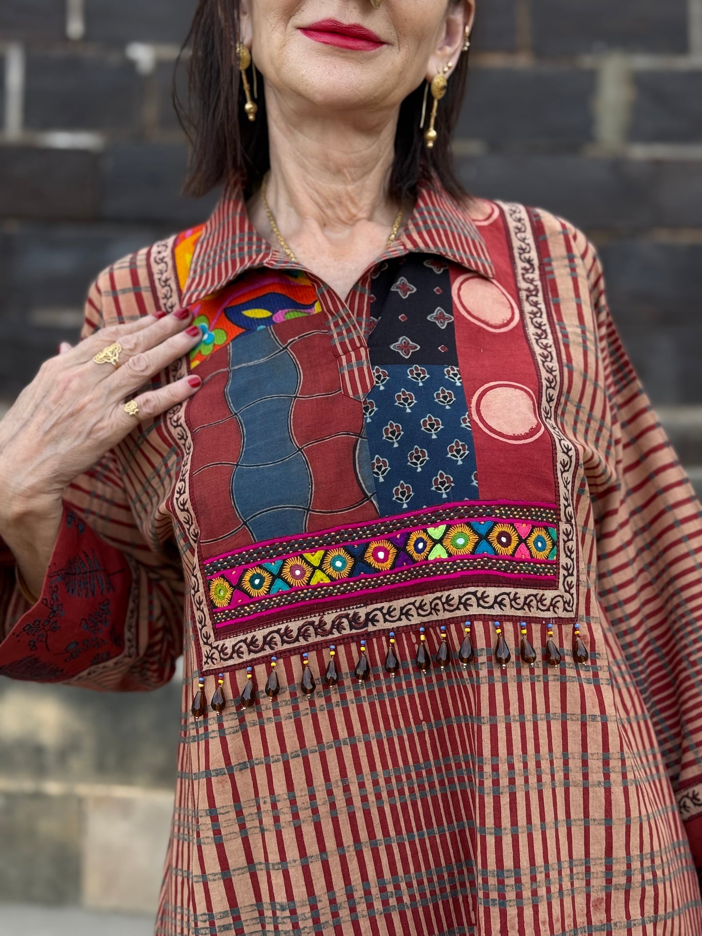 Handcrafted Red Kurta with Vintage Beads & Patchwork