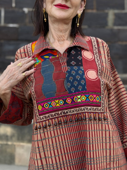 Handcrafted Red Kurta with Vintage Beads & Patchwork