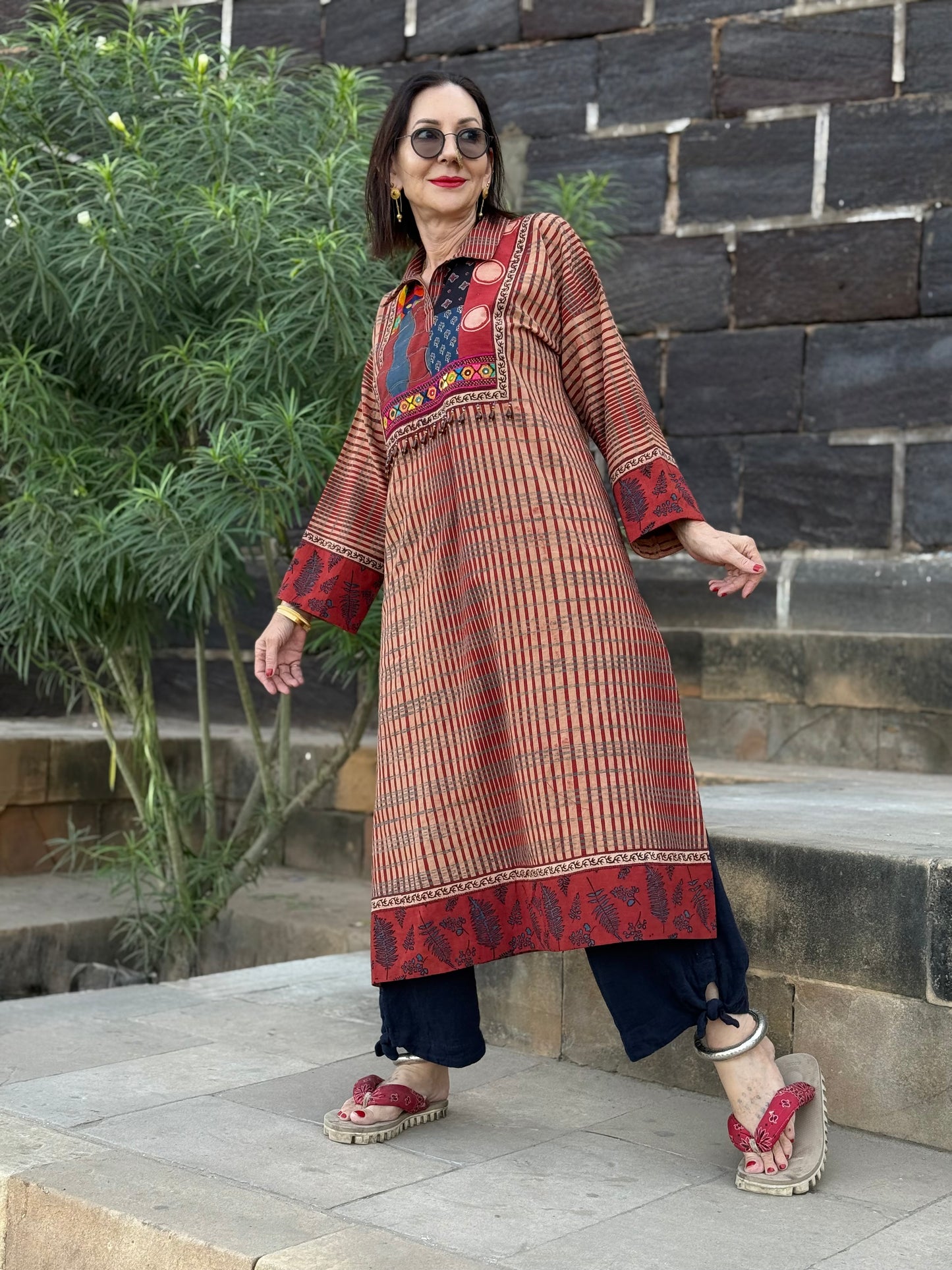 Handcrafted Red Kurta with Vintage Beads & Patchwork