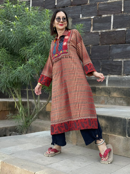 Handcrafted Red Kurta with Vintage Beads & Patchwork