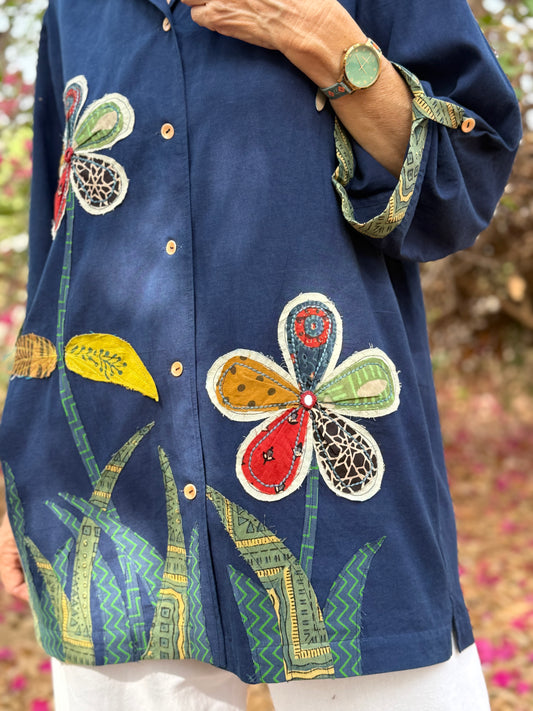 Indigo shirt with garden of Ajrakh Daisies