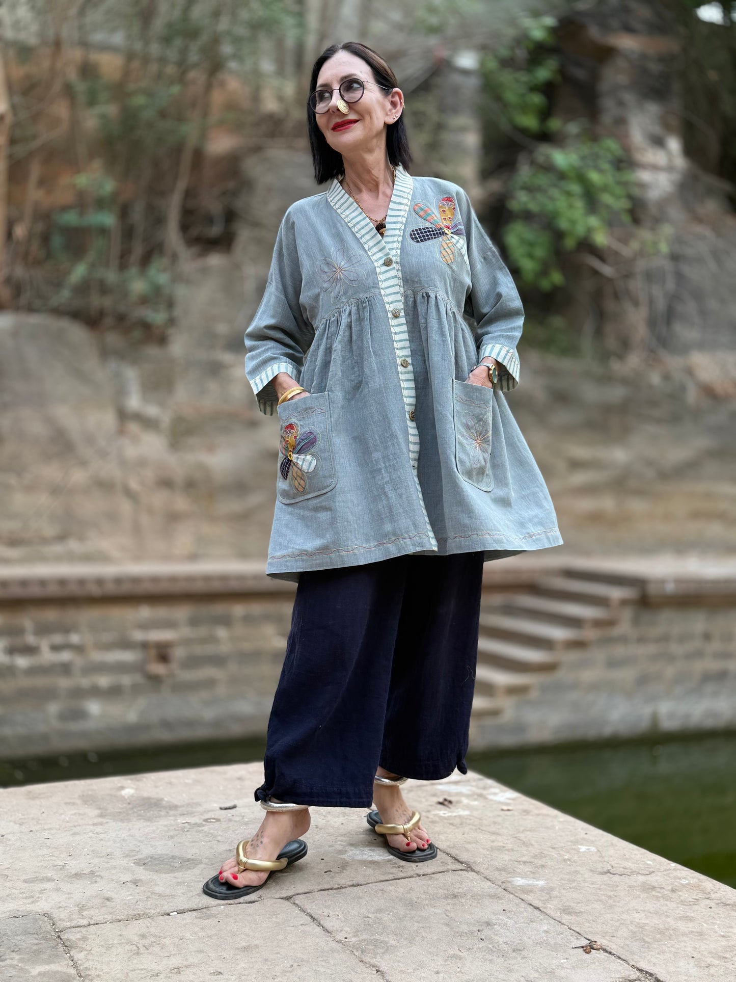 Khadi Cotton Tunic with Applique Daisy