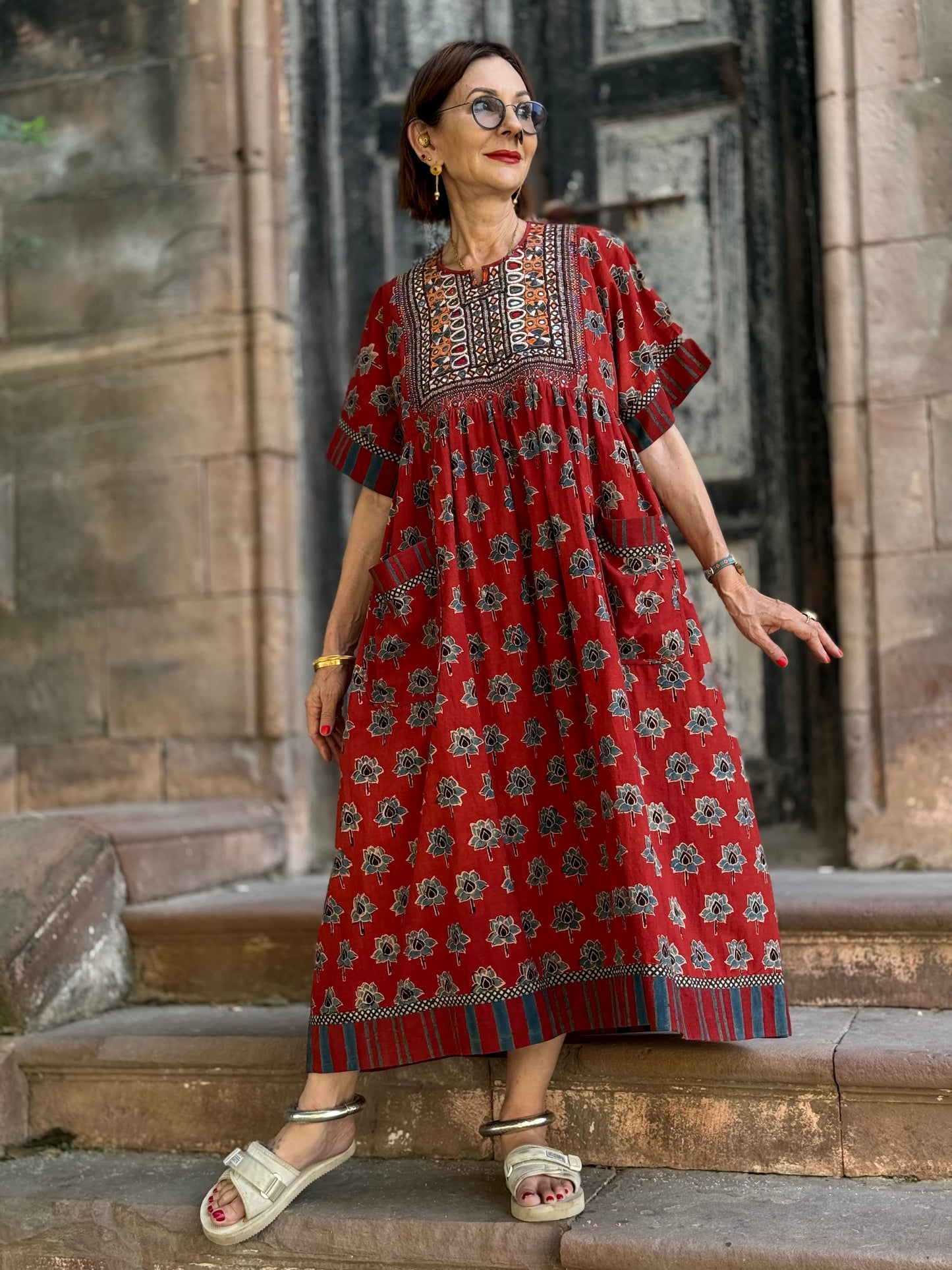 Kutch embroidery highlights this Ajrakh dress