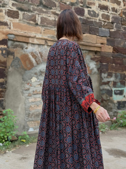 Dark indigo Ajrakh dress with fine Kutch hand embroidery