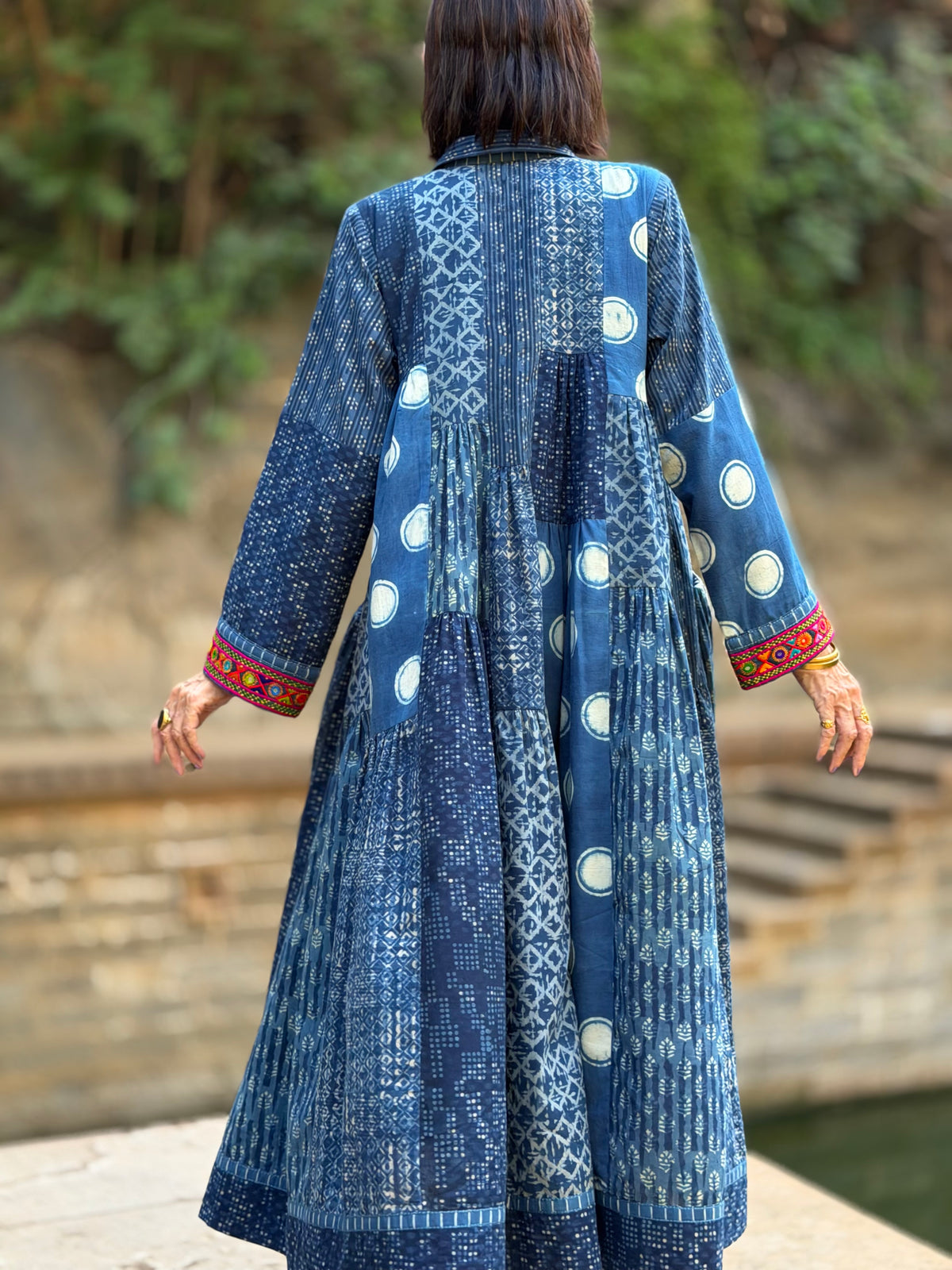 Madame Hall Indigo Blue Polka Dot Hand-Embroidered Patchwork Dress