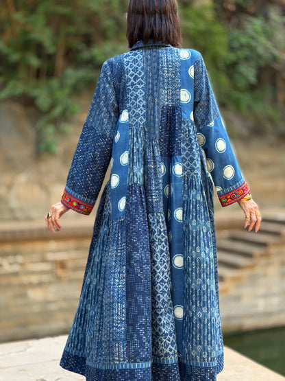 Madame Hall Indigo Blue Polka Dot Hand-Embroidered Patchwork Dress