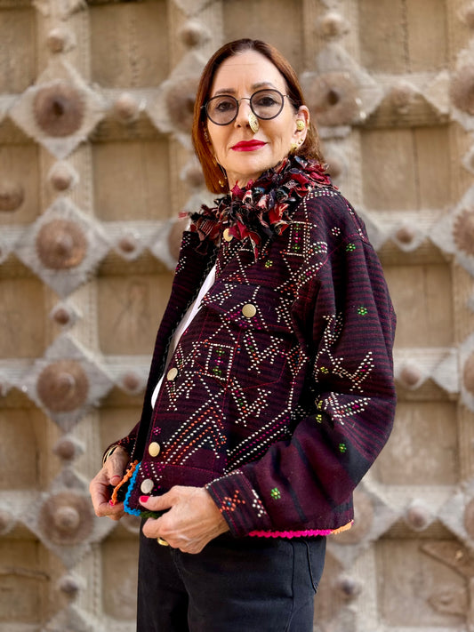 Tangaliya Bomber Jacket. Unique art wear from India, hand woven, contemporary style