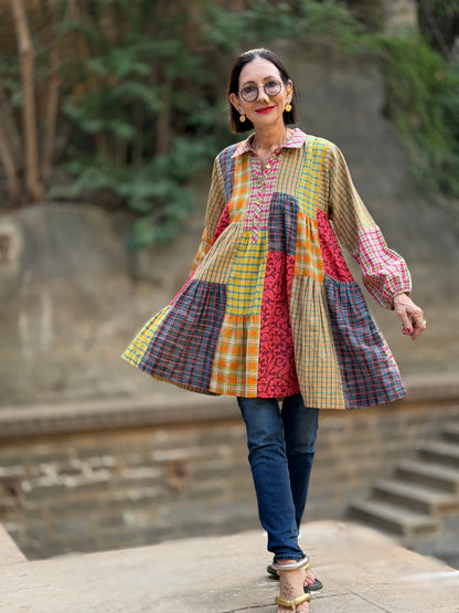 Limited Edition Khadi Cotton Trapeze Patchwork Tiered Shirt
