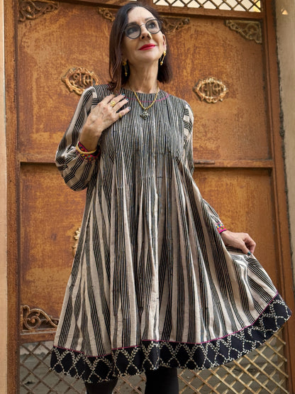 Ajrakh Stripe Cotton Dress with Colorful Embroidered Cuffs & Tucked Bodice