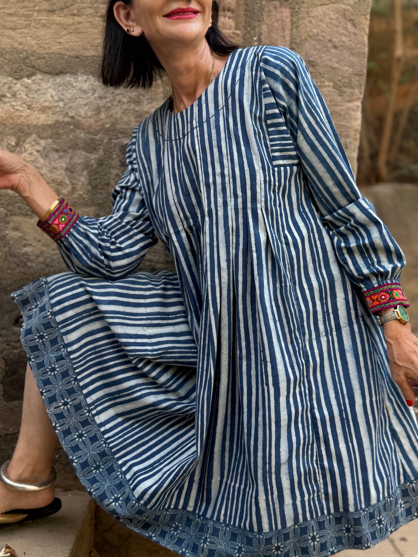 Indigo Blue Striped Cotton Dress With Hand Embroidery