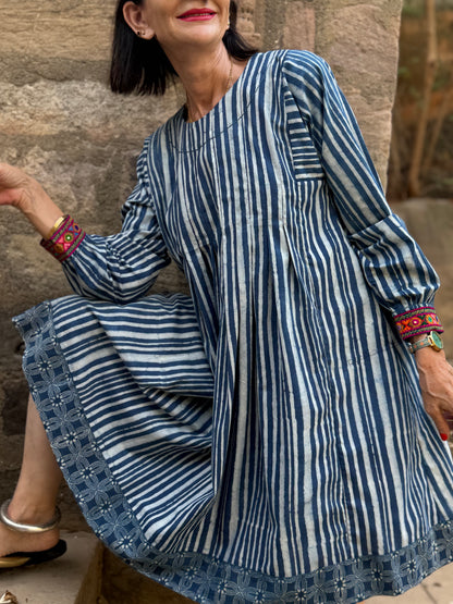 Indigo Blue Striped Cotton Dress With Hand Embroidery