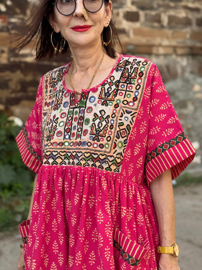 Reserved for Shanthini - Festive Pink Artisan Tunic with Mirror Embroidery