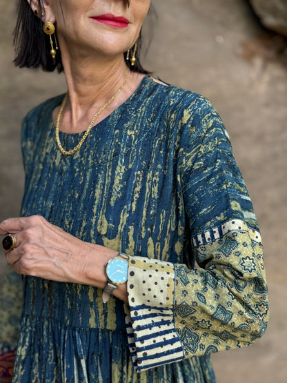 Arty cotton dress in hand printed indigo