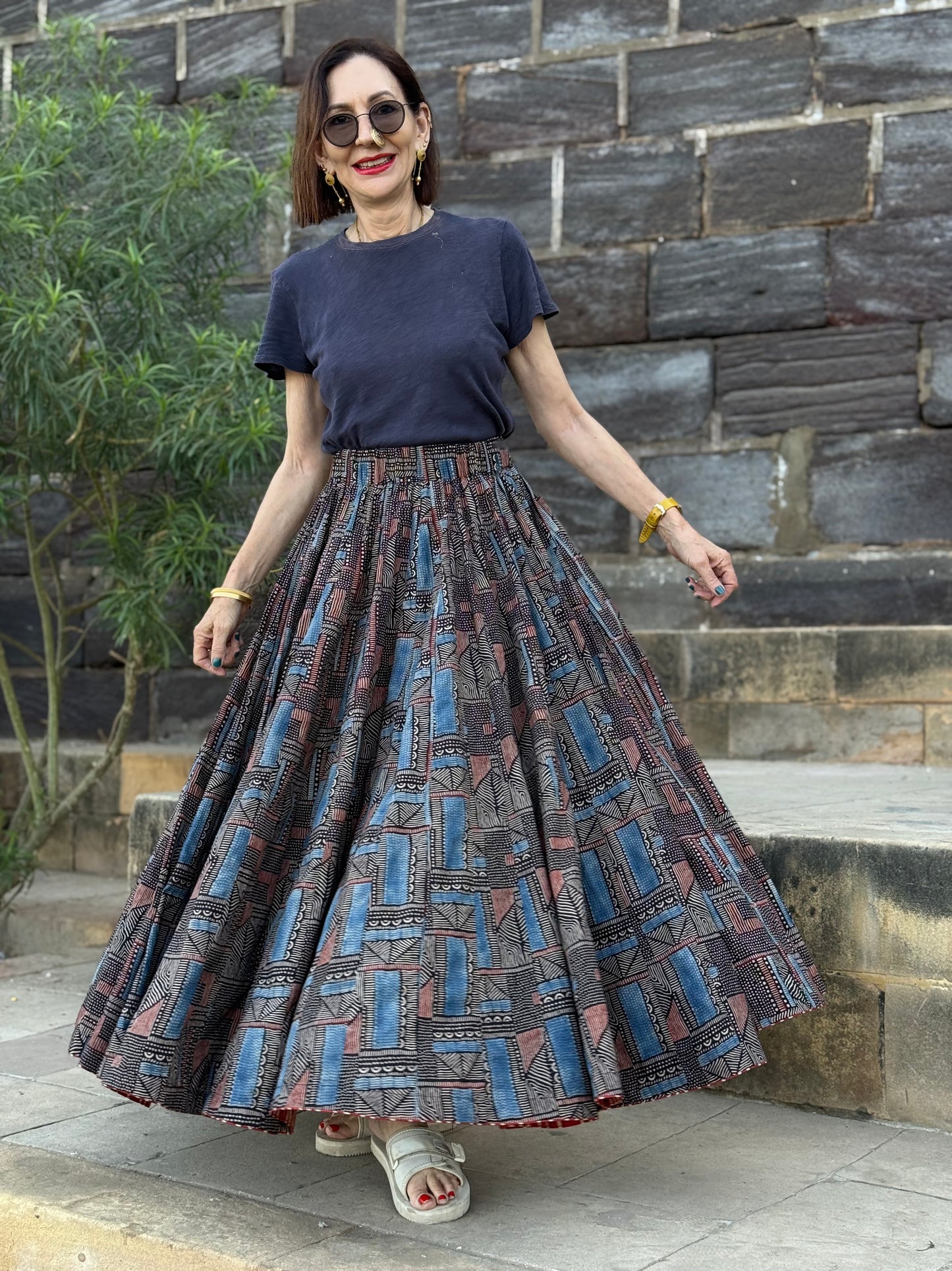 Abstract Indigo Midi Skirt Block from  Hand Printed Cotton. Perfect Twirl Skirt