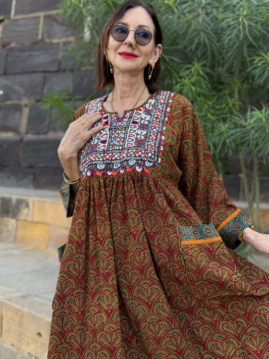 Collector’s Edition: Hand Block-Printed Boho Dress with Fine Kutch Embroidery