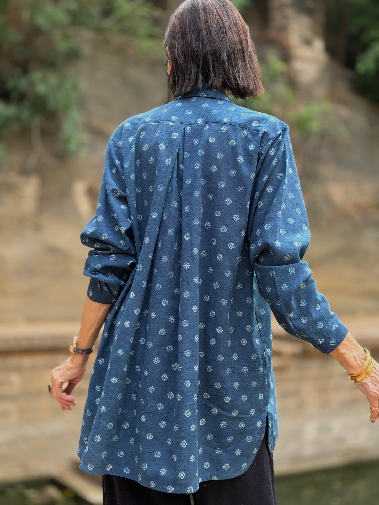 Pretty Hand Embroidered Shirt in Indigo Blue