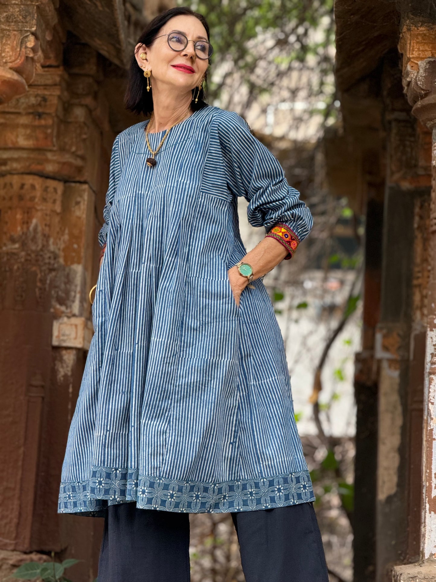 Pin Striped Indigo Blue Dress With Hand Embroidery
