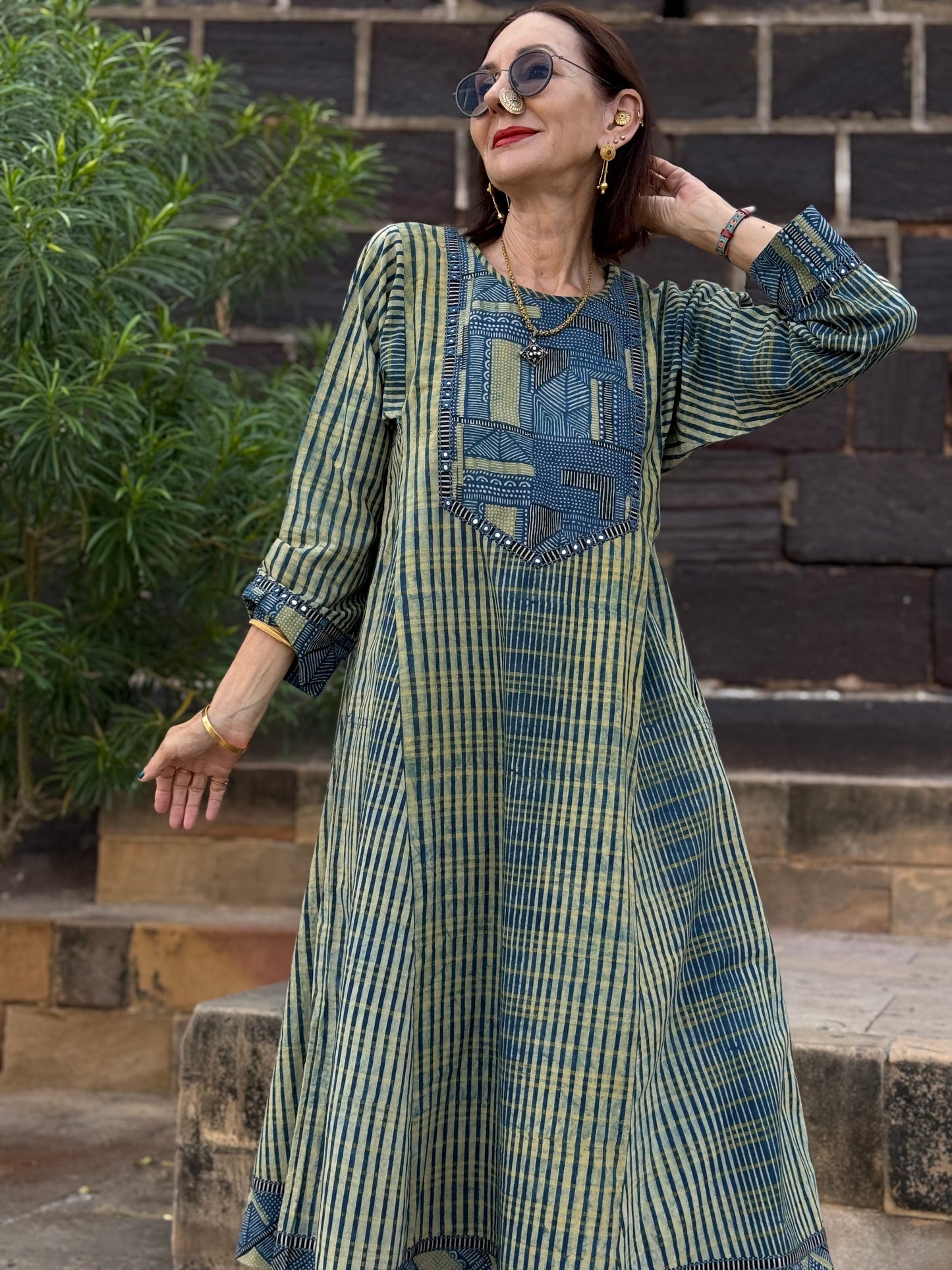Indigo Ajrakh Flared Kurta Dress