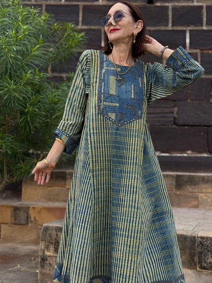 Indigo Ajrakh Flared Kurta Dress