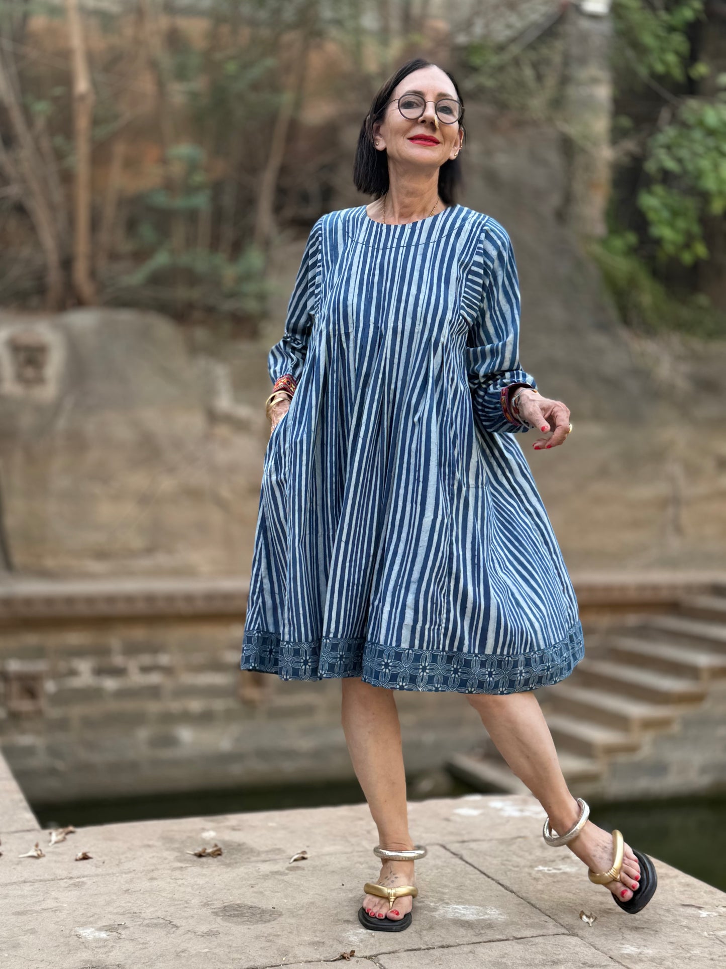 Indigo Blue Striped Cotton Dress With Hand Embroidery
