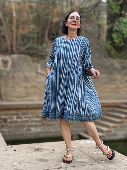 Indigo Blue Striped Cotton Dress With Hand Embroidery
