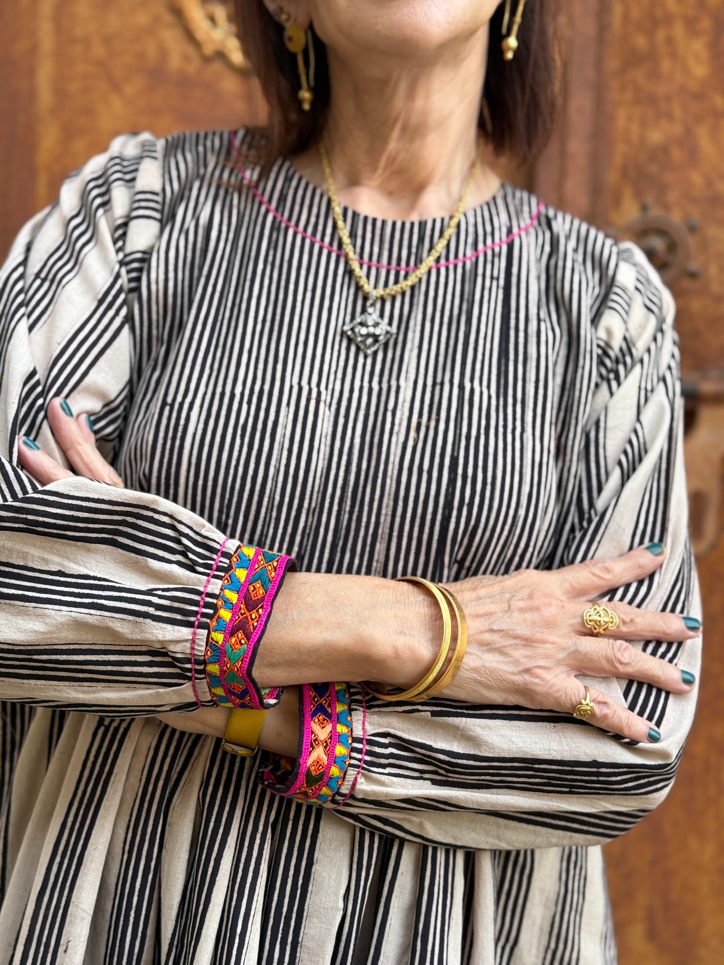 Ajrakh Stripe Cotton Dress with Colorful Embroidered Cuffs & Tucked Bodice