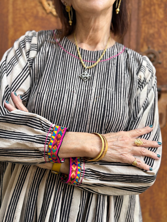 Ajrakh Stripe Cotton Dress with Colorful Embroidered Cuffs & Tucked Bodice