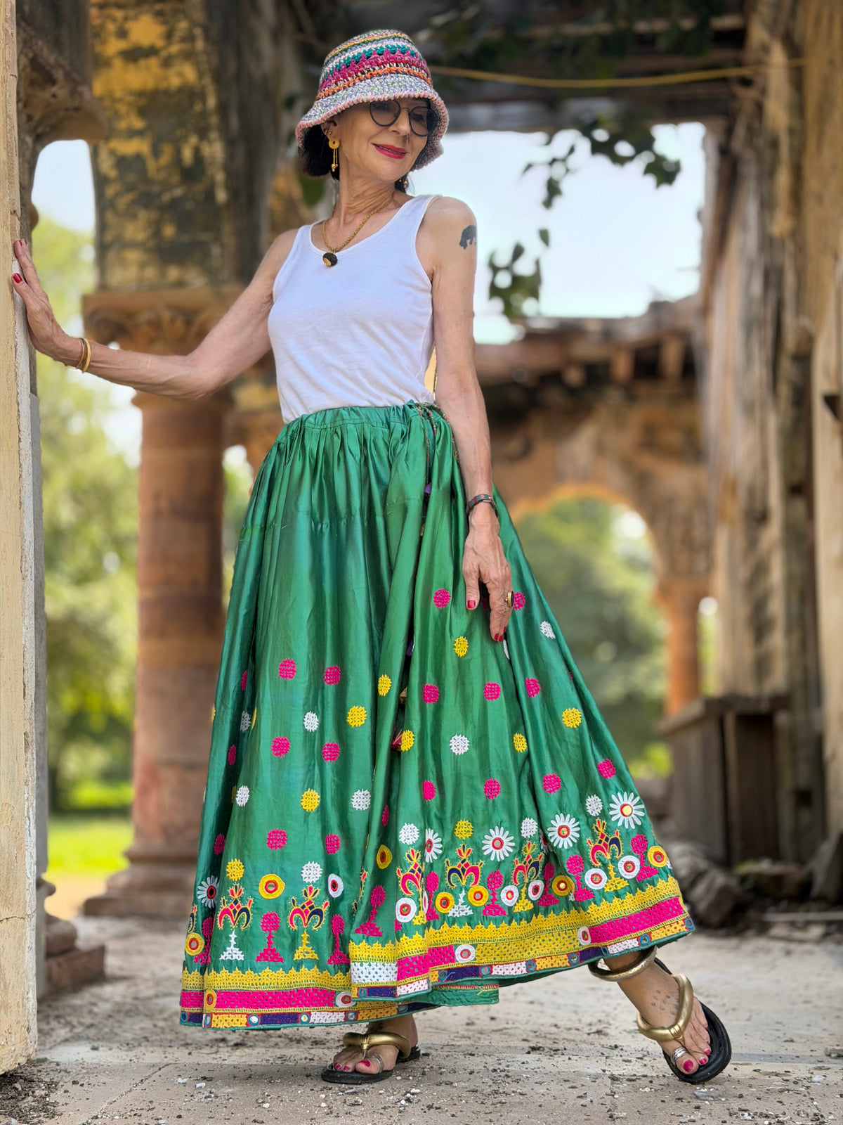 Vintage Emerald Green Hand-Embroidered Silk Navratri Midi Skirt