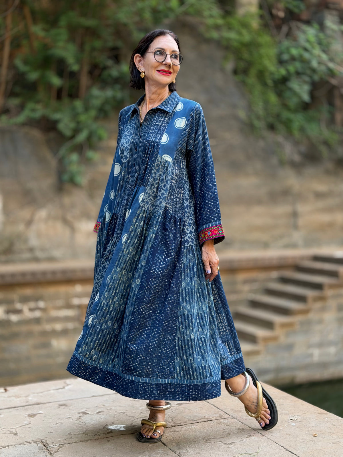 Madame Hall Indigo Blue Polka Dot Hand-Embroidered Patchwork Dress