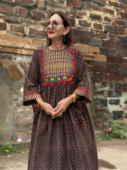 Ajrakh Cotton Dress with Kutch Hand Embroidery