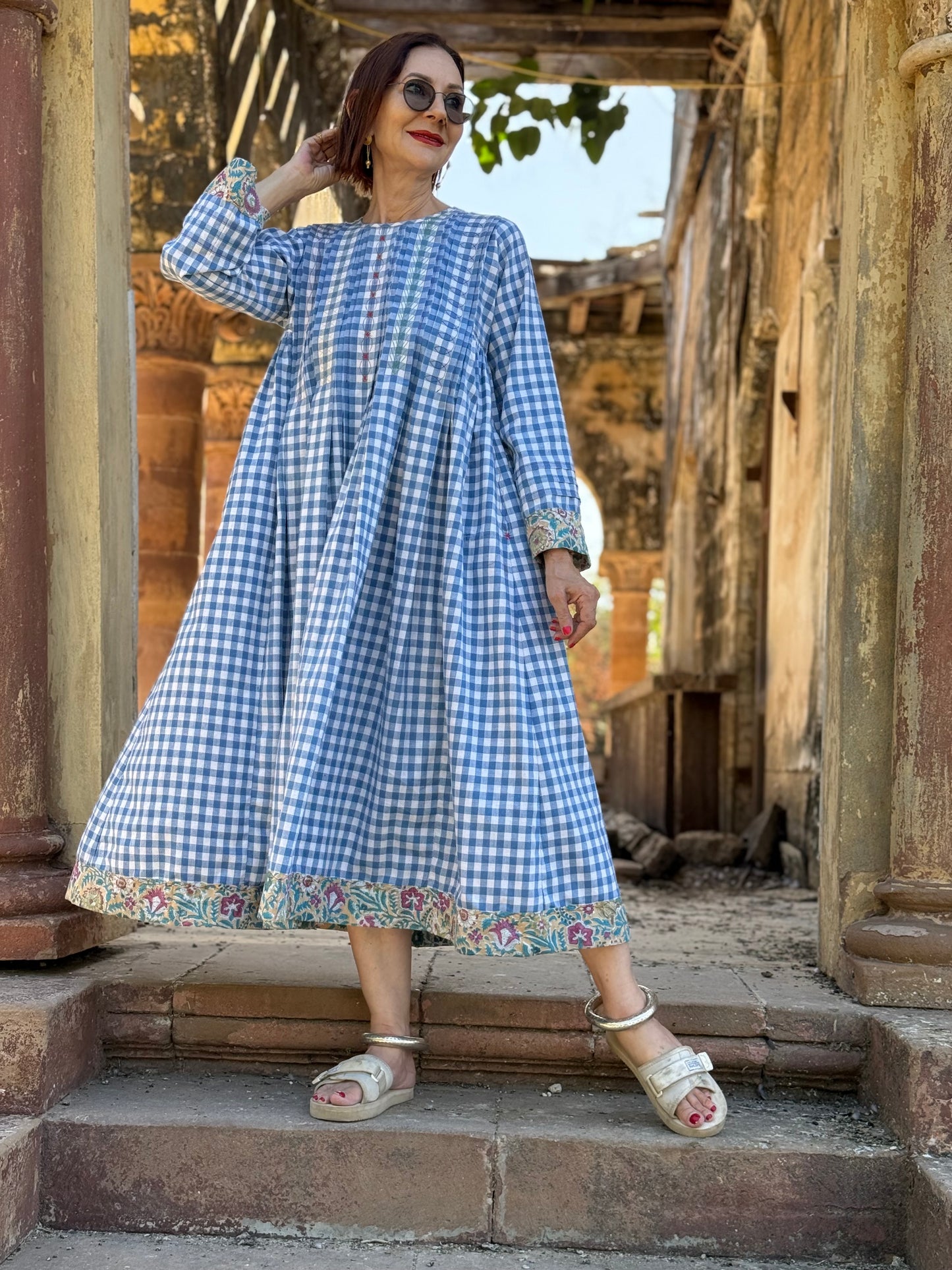 Blue Check Khadi Cotton Dress