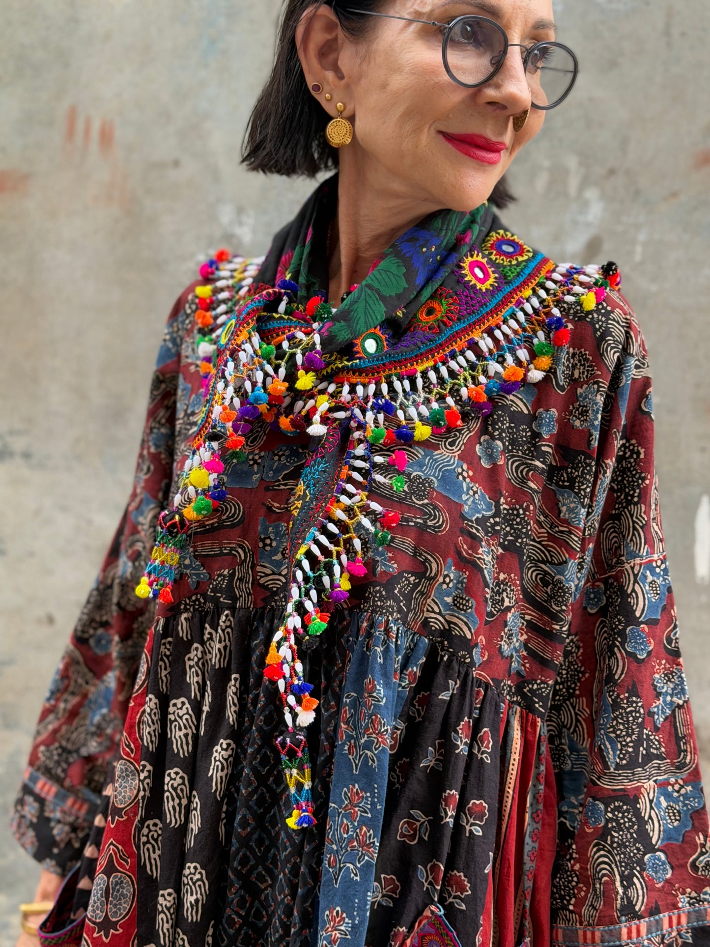 Hand embroidered scarf with beadwork and colorful tassels