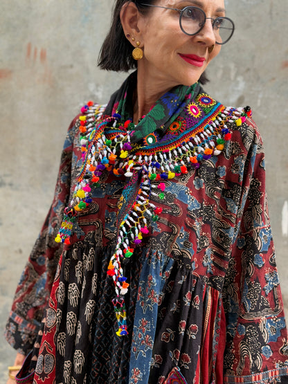 Hand embroidered scarf with beadwork and colorful tassels