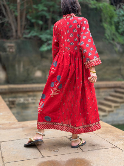 Limited Edition Ajrakh Floral Cotton Resort Dress with Kutch Embroidery