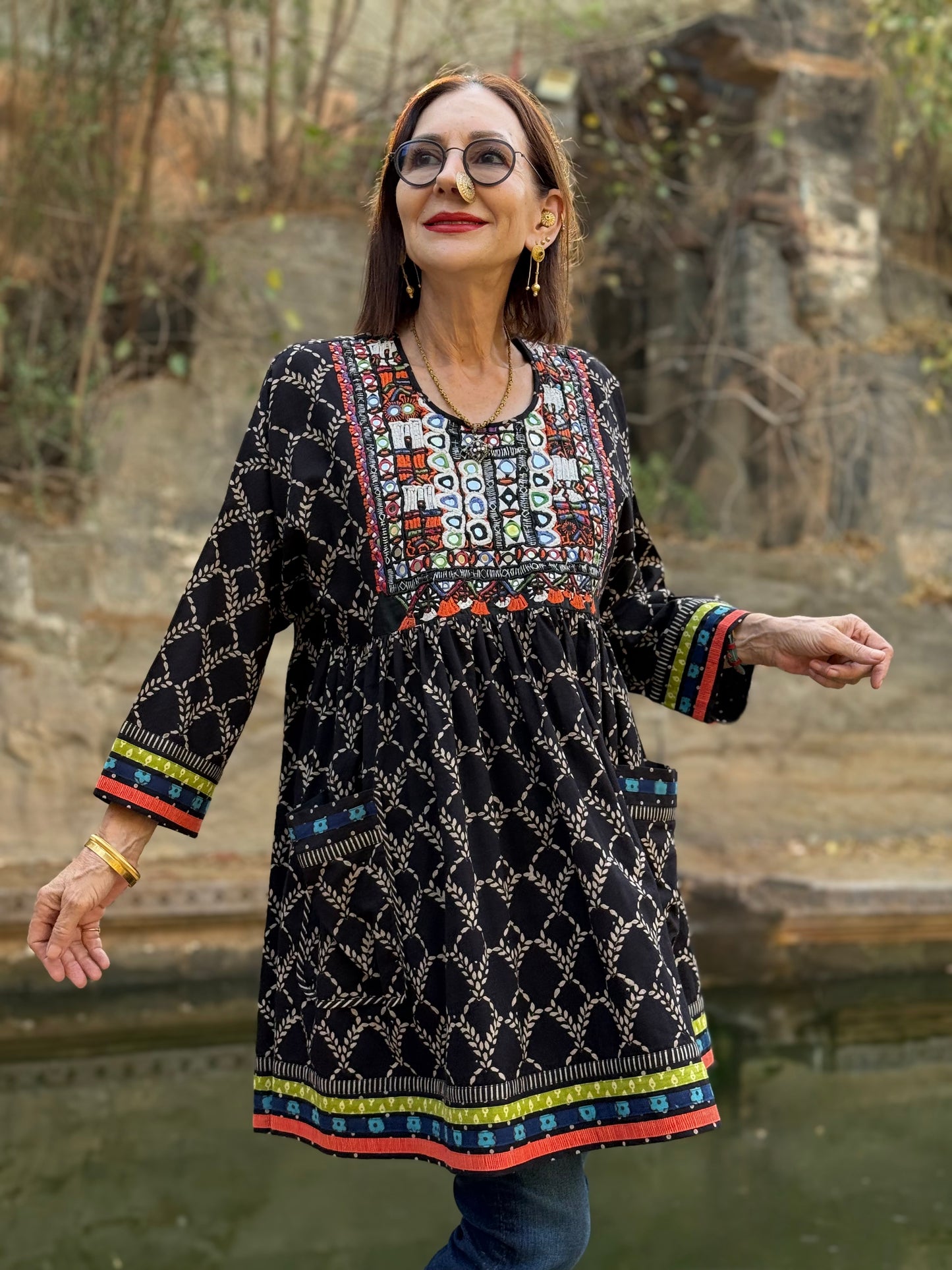 Black Cotton Kutch Embroidery Tunic