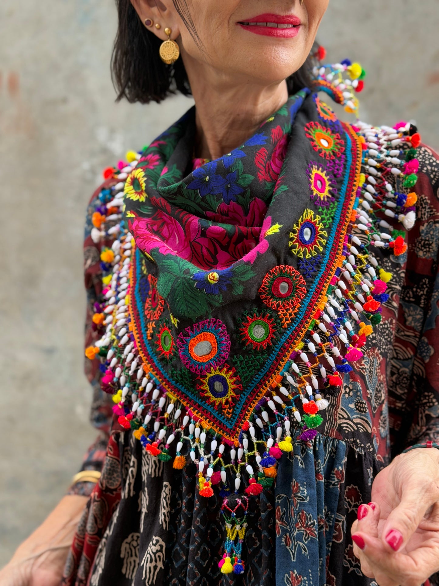 Hand embroidered scarf with beadwork and colorful tassels