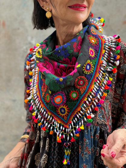 Hand embroidered scarf with beadwork and colorful tassels