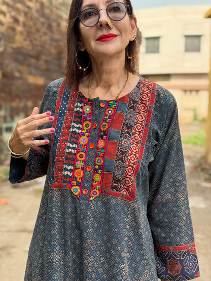 Indigo Ajrakh Kurta with Kutch Embroidery