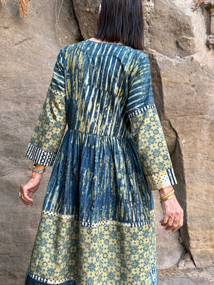 Arty cotton dress in hand printed indigo