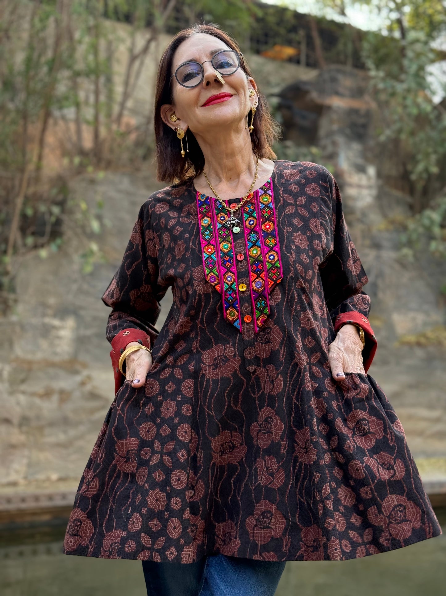 Ajrakh Cotton tunic with Indian mirror embroidery