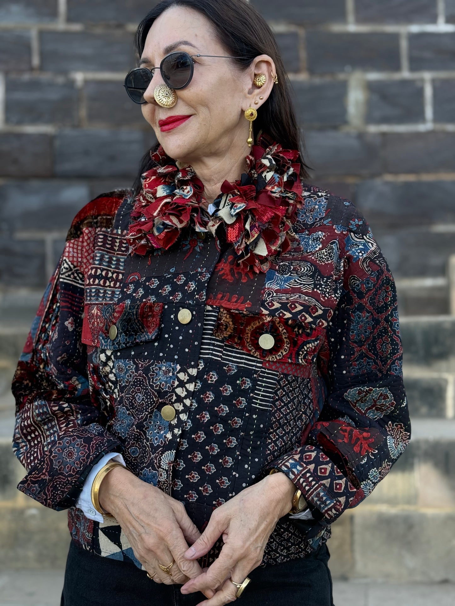 Handcrafted Ajrakh Patchwork Bomber Jacket - Luxe Art-to-Wear Design