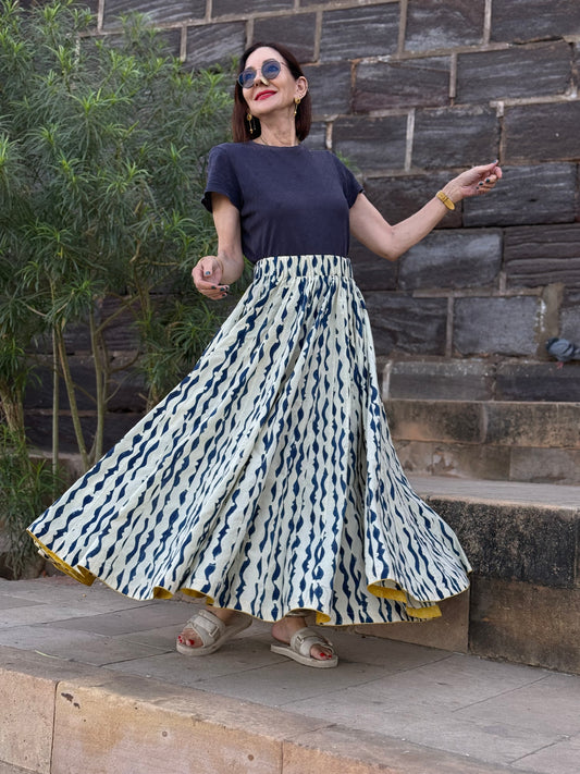 Blue & White Stripe Indigo Midi Skirt Block from  Printed Cotton Twirl Skirt