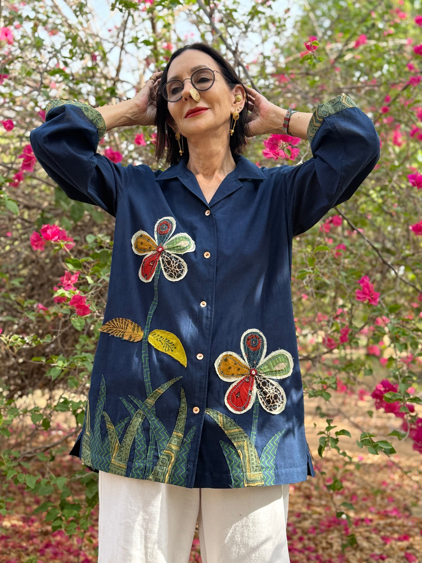 Indigo shirt with garden of Ajrakh Daisies
