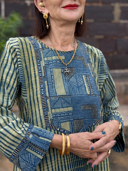 Indigo Ajrakh Flared Kurta Dress