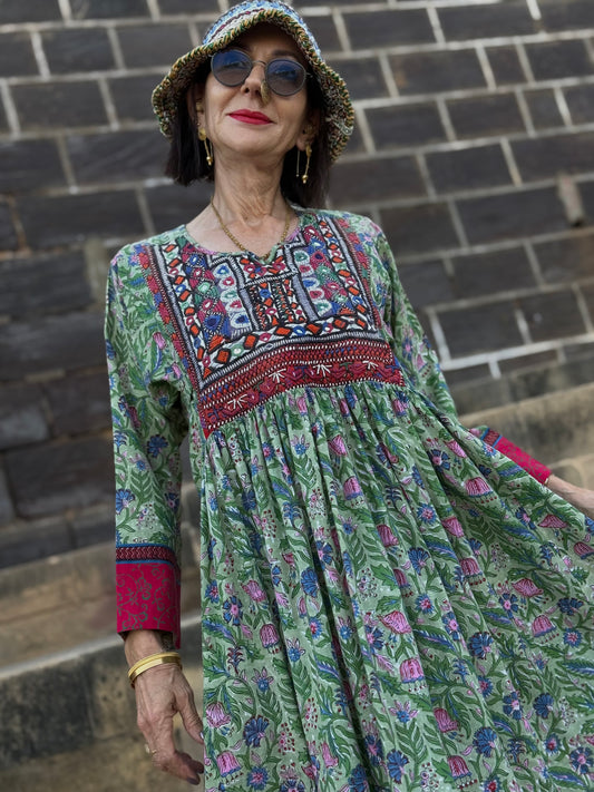Green Cotton Floral Dress with Kutch Embroidery