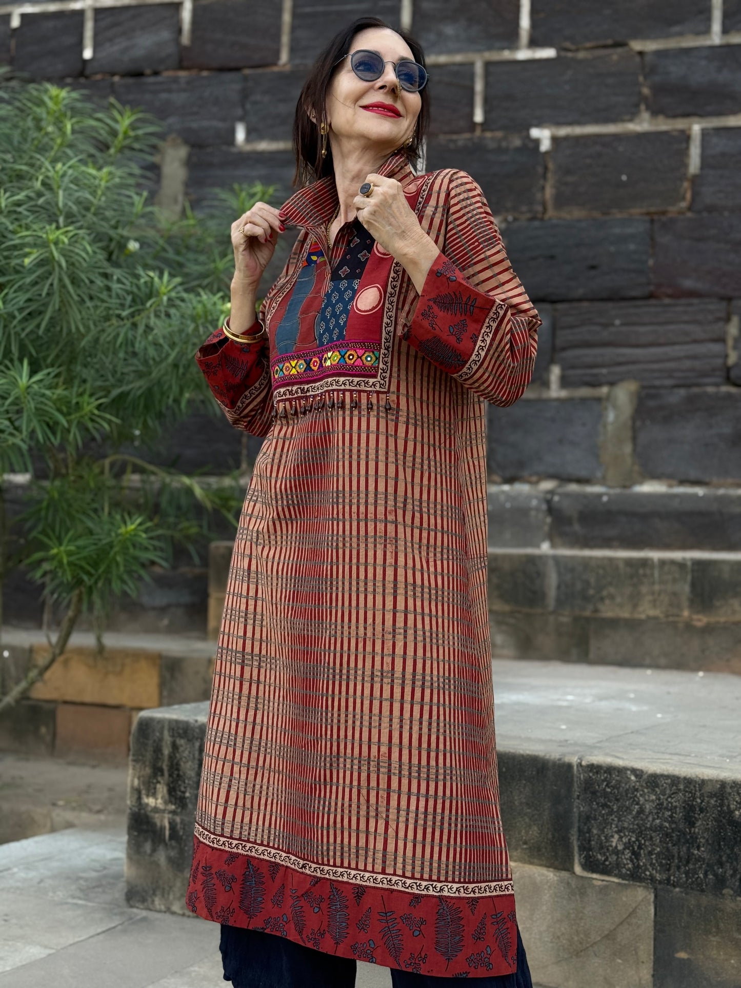 Handcrafted Red Kurta with Vintage Beads & Patchwork