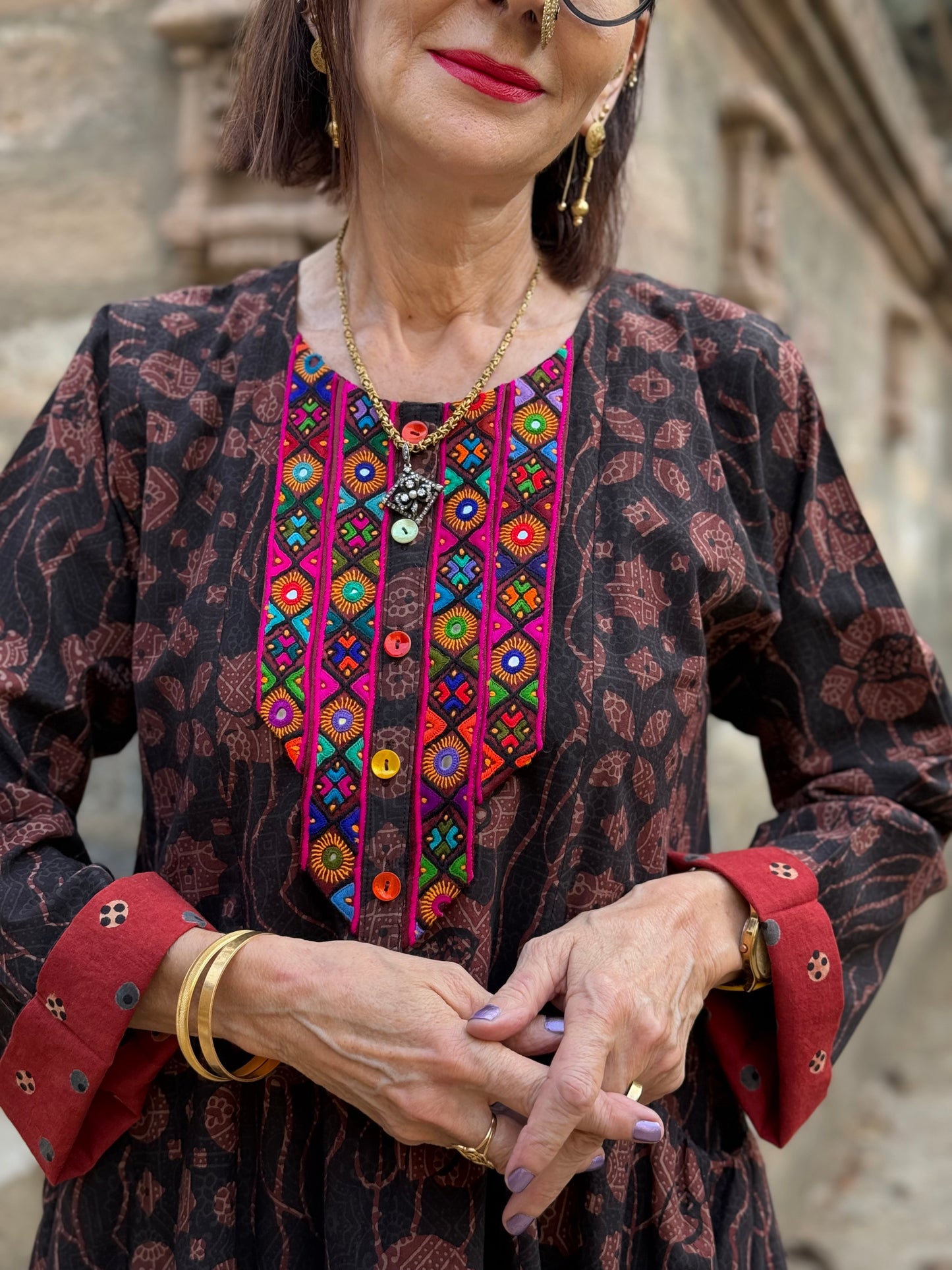Ajrakh Cotton tunic with Indian mirror embroidery
