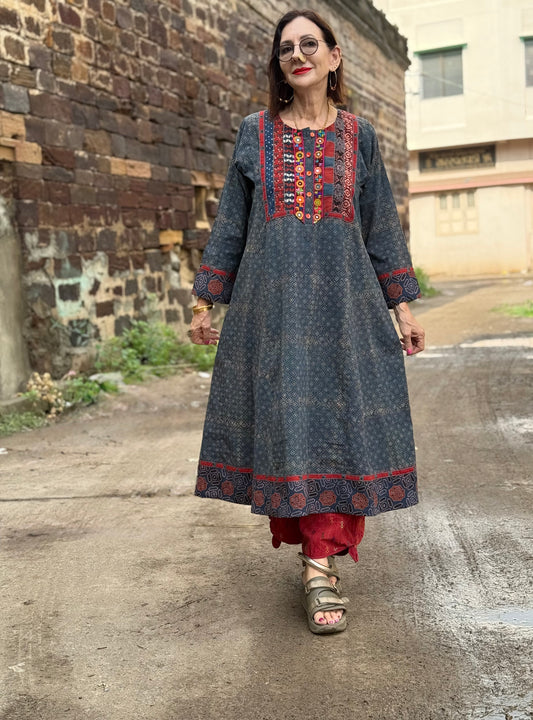 Indigo Ajrakh Kurta with Kutch Embroidery